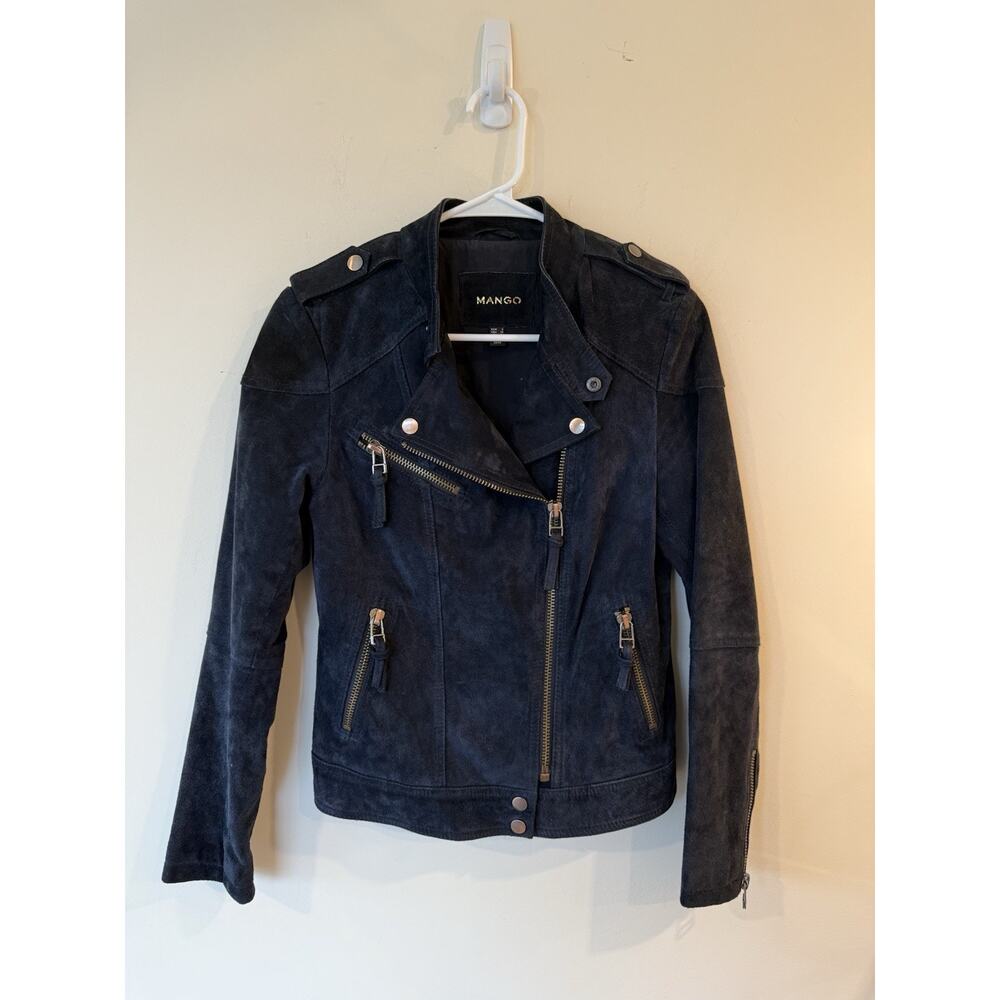 Mango Suede Leather Moto Jacket US XS silver hardware Black